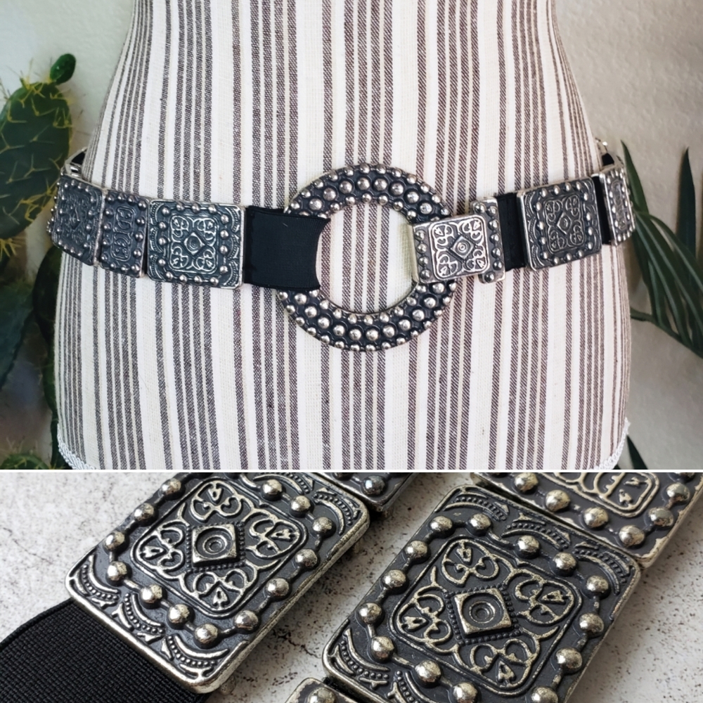 Vintage Silver-Tone Embellished Elastic Belt